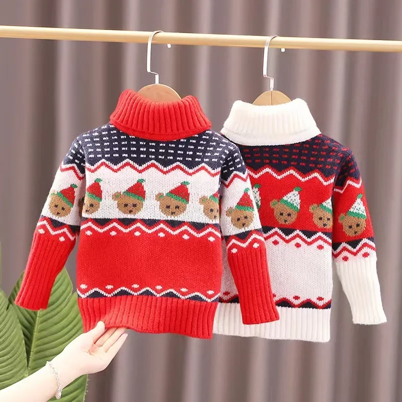 

Winter Christmas Baby Boys Thicken Knitted Sweaters Turtleneck Warm Sweater Kids Clothes Girls Cartoon Pullovers Boy Outerwear