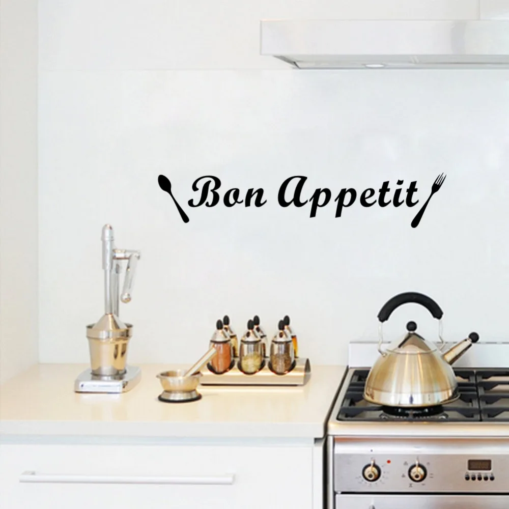 Bon Appetit With Spoon And Fork Wall Sticker French Quote Wall Decals Kitchen Decoration Waterproof Removable Home Decor Poster