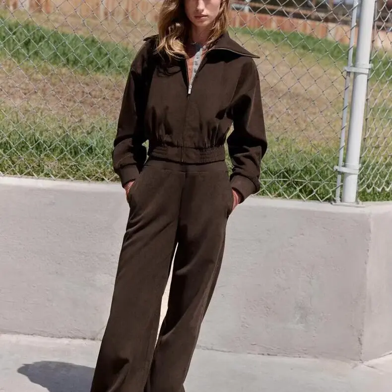 Women's Short Zipper Jacket And Pants Set Long Sleeve Turn-down Collar Coat Outerwear Fashionable Autumn Outfit Two-piece Set