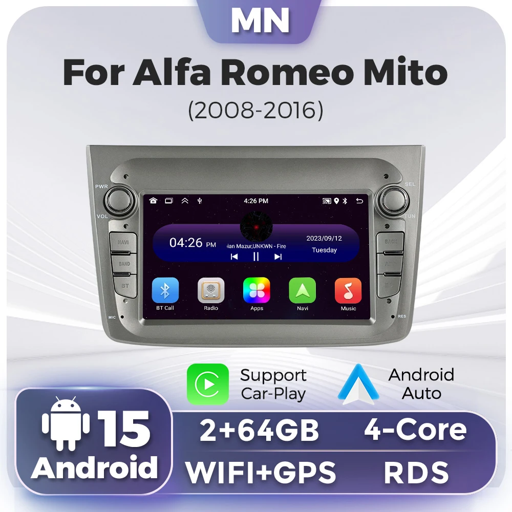 2026 NEU Android 15 Für Alfa Romeo Mito 2008-2013 Kabelloses Carplay Auto-Radio RDS GPS-Navigation Bildschirm Multimedia-Player SWC