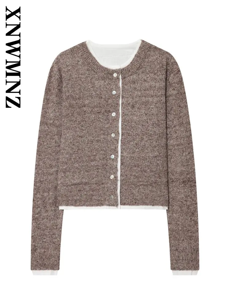 

XNWMNZ 2025, новый зимний женский модный универсальный вязаный кардиган с длинными рукавами и круглым воротником, винтажный повседневный осенний женский коричневый свитер