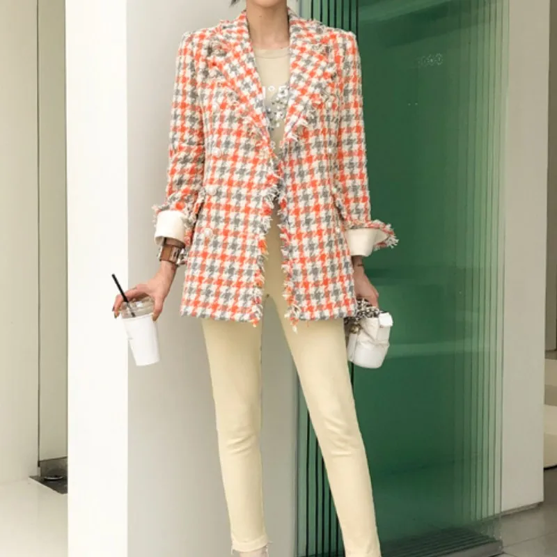 Korean Autumn  Elegant Office Lady Fashion Winter Jackets Women Tassel Vintage Plaid Tweed Coat Women Clothes Mujer