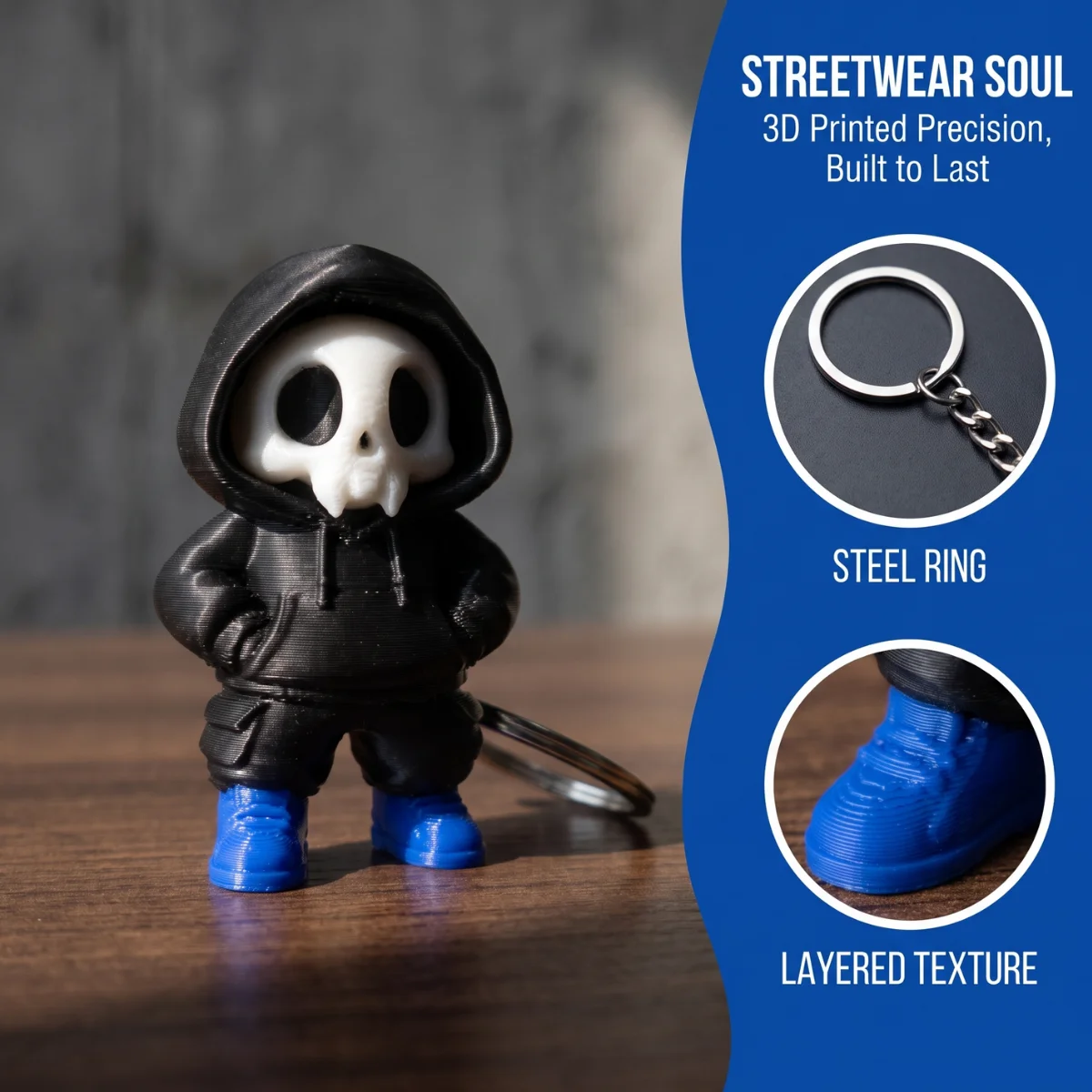 1Pc Halloween Hoodie Skull Keychain,Eco‑Friendly PLA 3D‑Printed Urban Street‑Style Skeleton Pendant,Fashion Bag Accessory