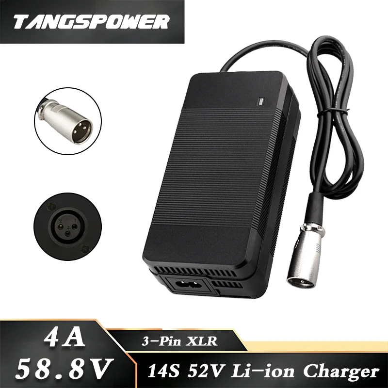 58.8V 4A Lithium Battery Charger 14S 52V Li-ion Battery Pack Fast Charging 3-Pin XLR Connectors Power Tool Charger Cooling Fan