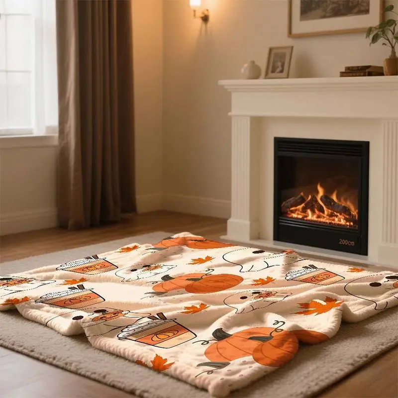VIKAMA Cute Fall Flannel Throw Blanket Ghost Pumpkin Maple Leaf Print Warm Sofa Bedroom Halloween Home Decor Gift
