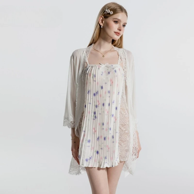 2026 Summer Fashionable Sexy Elegant Loose Comfortable Satin Printed Sweet Flying Sleeve Pleated Strap Sleeping Skirt for Women