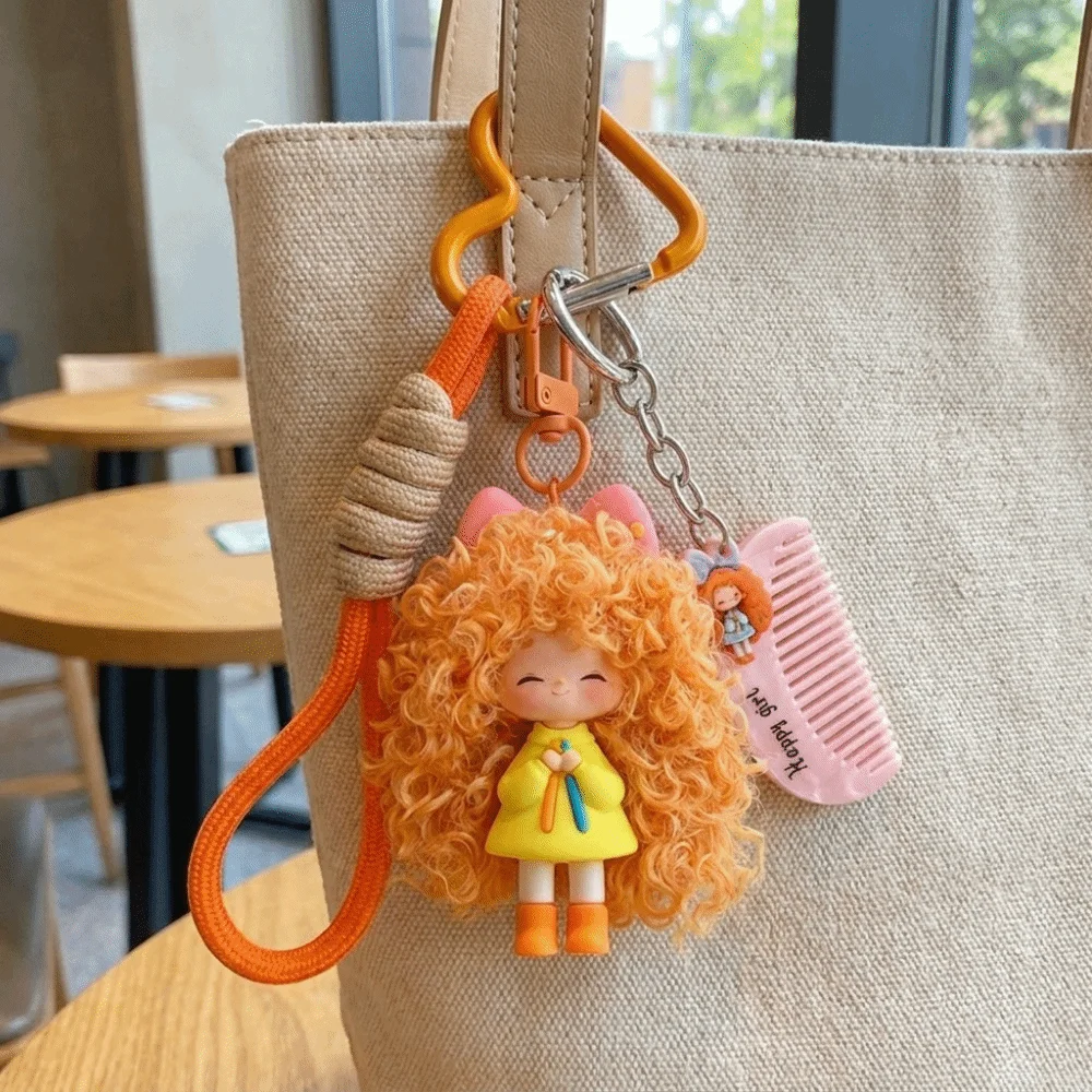 Soft Rubber Curly Hair Keychain Hairbrush Pendant Colorful Halyard Heart Keyring Multicolor Adorable Design Bag Pendant