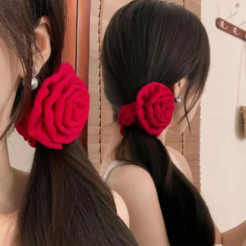 Women Red Rose Flower Elastic Hair Band For Women Girls Hair Rope Ties Flower Hair Scrunchie Ponytail Holder Hair Accessories