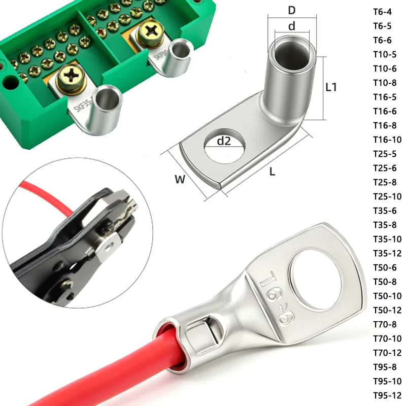 2-50PCS Connectors Terminals Right Angle L-Type Cable Lugs Tinned Copper Crimp Connector Terminals T6-4~T95-12 For 4-10mm²