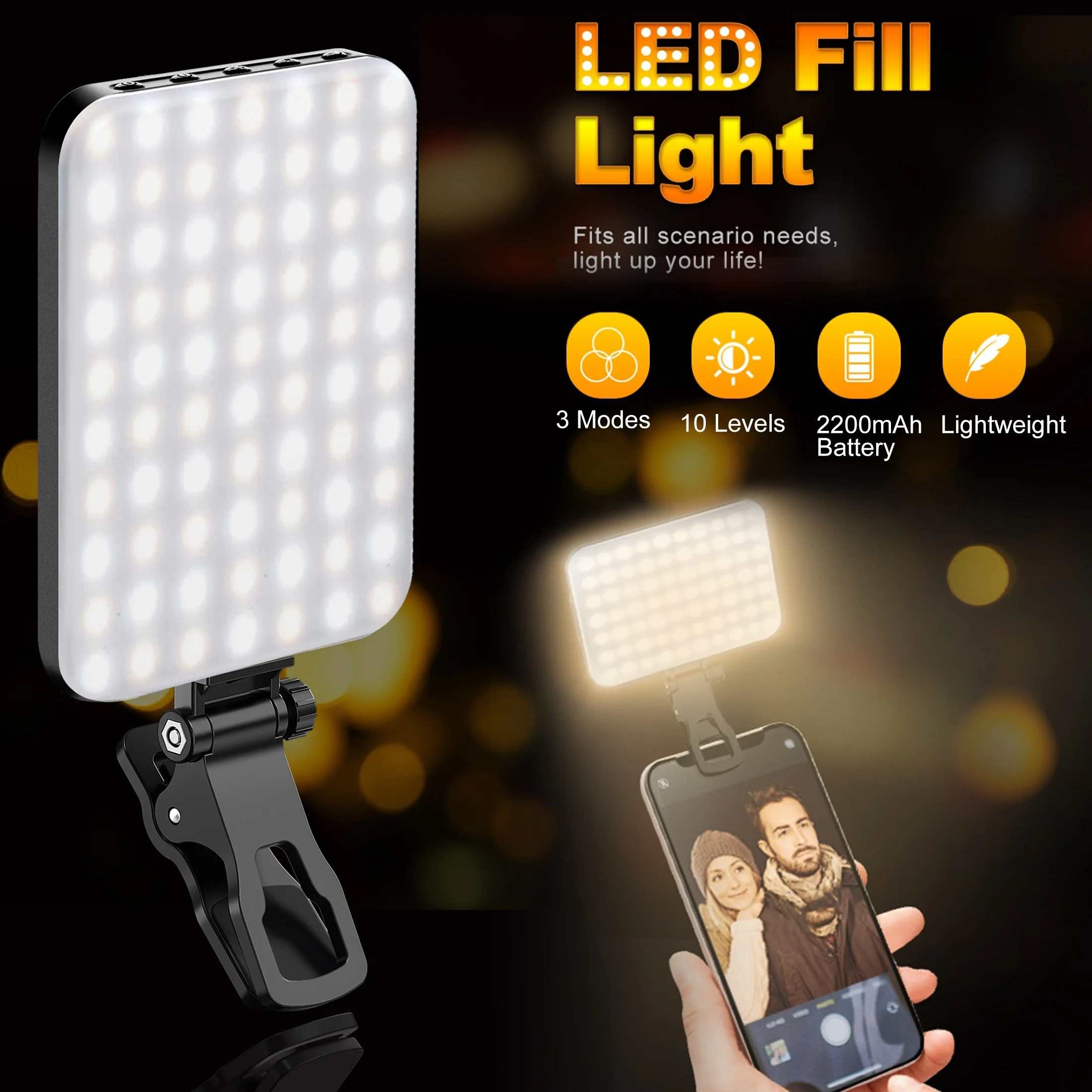 Portable LED Selfie Light with 7 Modes & 10 Brightness Levels, 2200mAh Rechargeable Battery, Clip-On for Phone/Tablet/Laptop – P