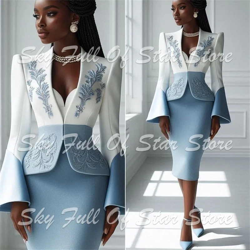 Women Suit Set 2Pcs White Blue Contrast Embroidery Flare Sleeve Peplum Blazer Midi Pencil Skirt Custom Formal Wedding Party Wear
