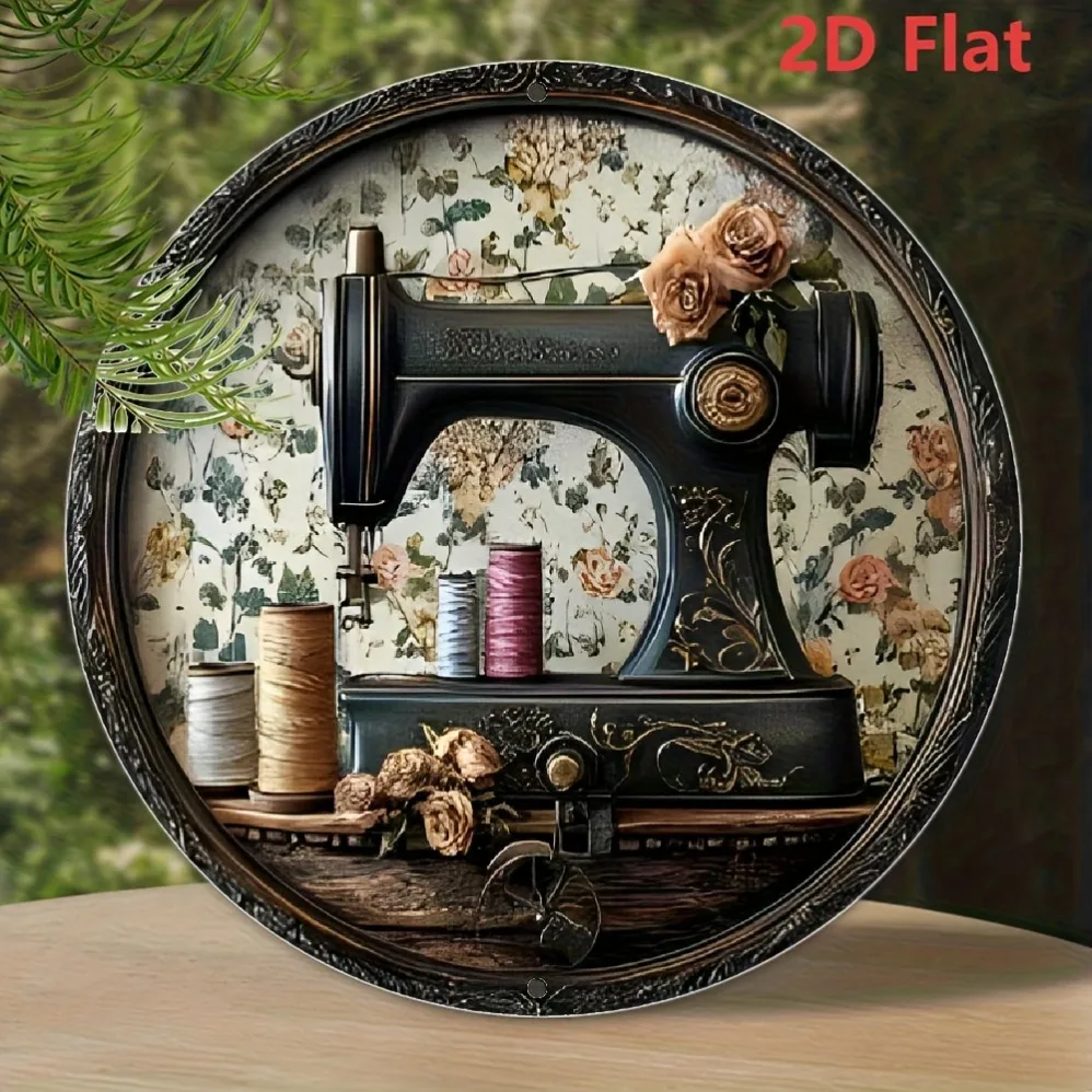 „Vintage Nähmaschinen-Rundschild aus Aluminium: 20,3 x 20,3 cm, 2D-Flachwandkunst – hochauflösender Druck, Mehrzweck-Dekor für Zuhause und
