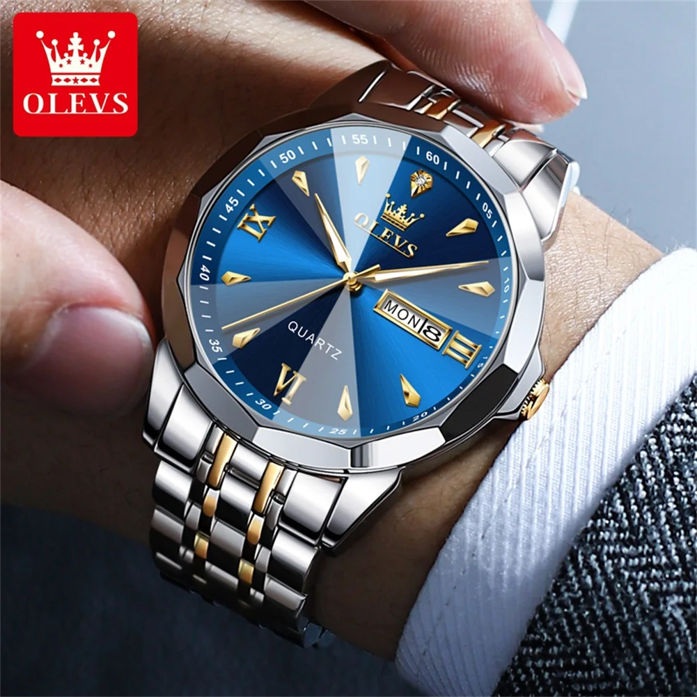 OLEVS 9998 Mens Watch Original Rhombus Mirror Quartz Watch For Man Waterproof Luminous Stainless Steel Dual Calendar Display