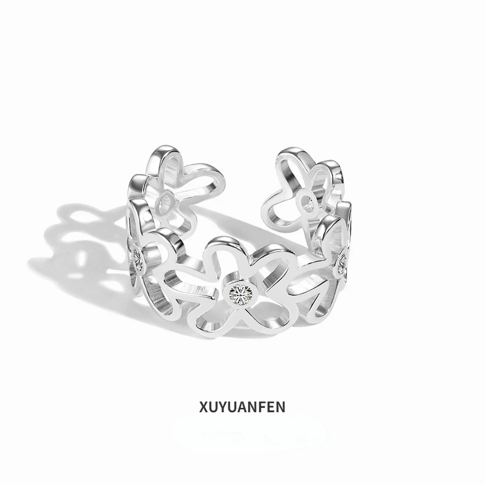 

XUYUANFENINS S925 Sterling Silver Flower Ring, Female Unique Personality, Simple Hollow Design, Zircon Open Ring