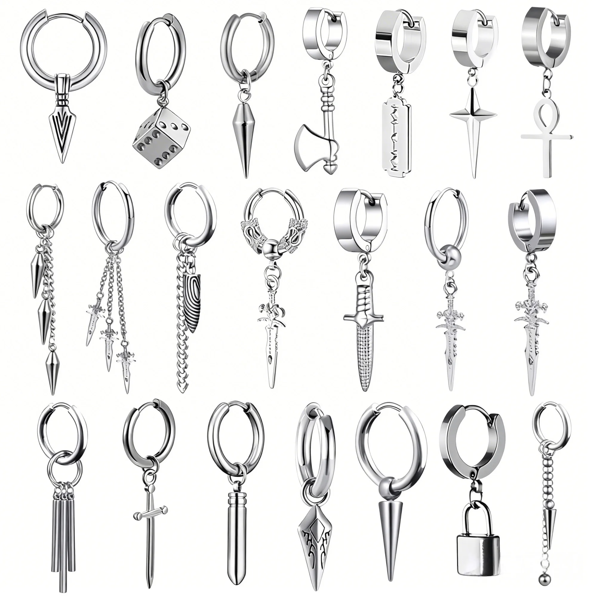 1-7 Paar Punk Axt Schwert Spike Edelstahl Piercing Ohrringe für Damen und Herren Goth Schmuck Accessoires Trend Neuheiten