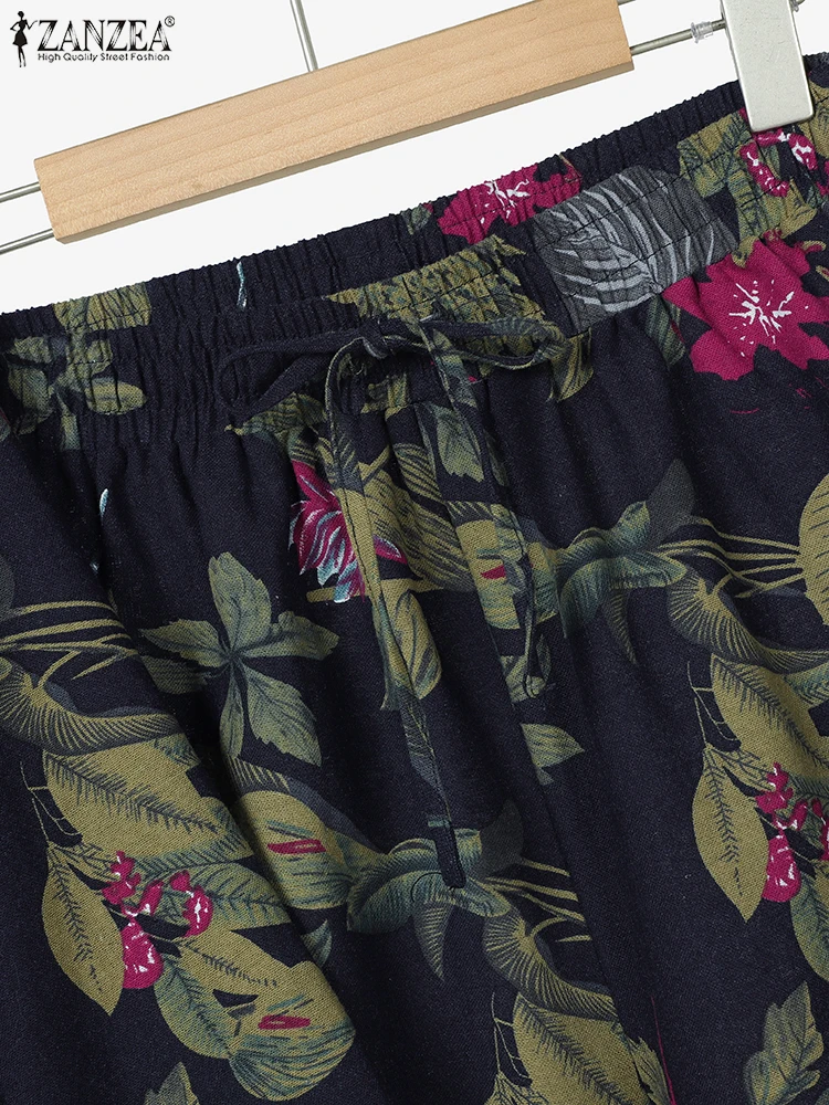 ZANZEA Frauen Baumwolle Hose Sets Vintage Langarm Shirts Breite Bein Hosen Outfit 2025, Casual OL Arbeit Anzüge Übergroßen Passenden Sets