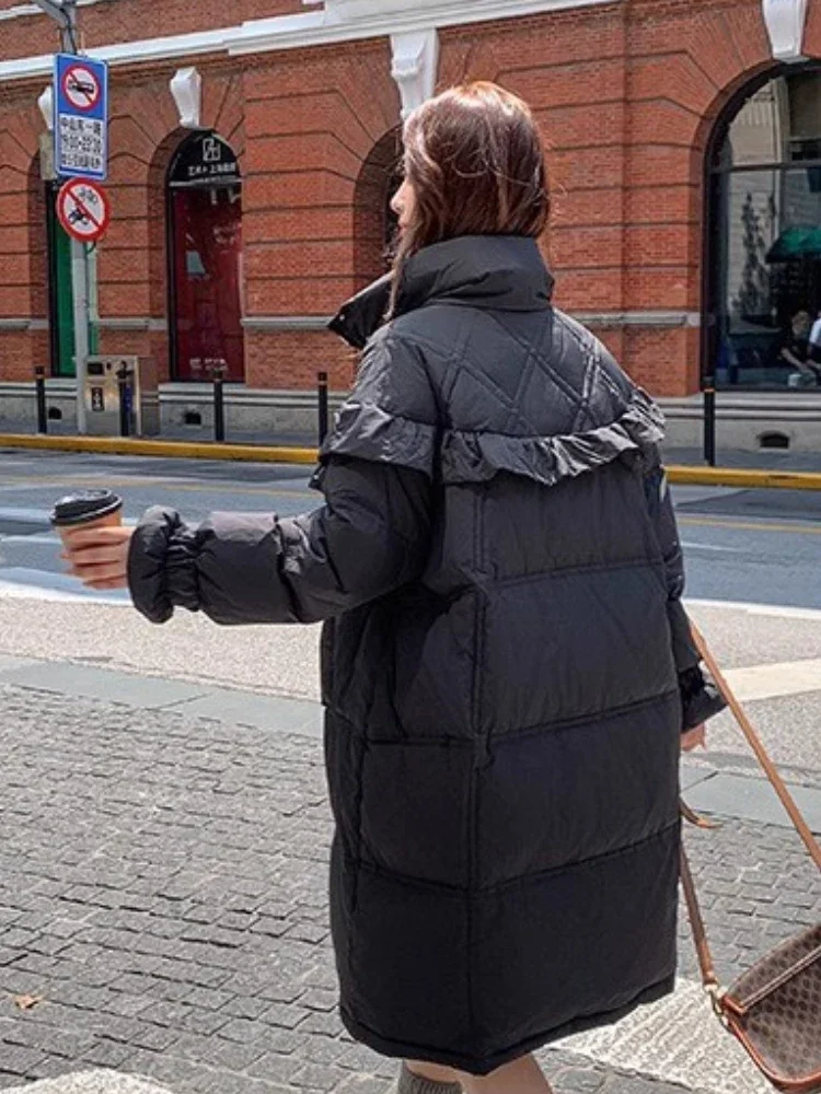 Doudoune d'hiver pour femme, manches bourgeon de fleur, bord à volants, manteau bouffant de canard blanc, super grande taille, élégant, doux, épais, long