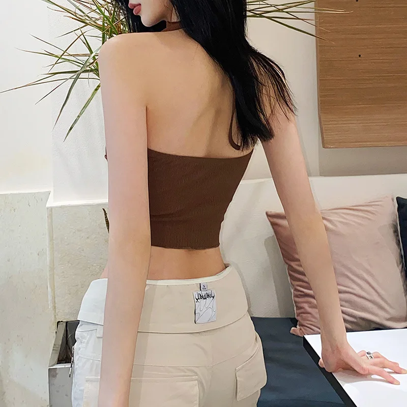 2025 New Vintage Brown Crop Tops Y2K Casual Corset Camis Summer 2000s Sweet Cute High Street Coquette Tank Tees Woman's Clothing