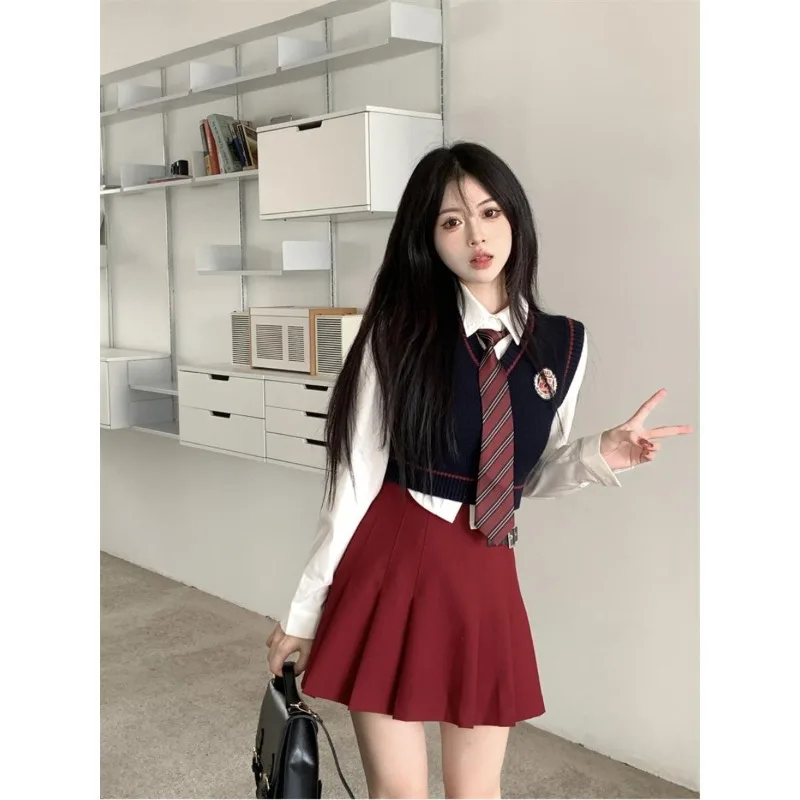 

College Shirt Knit Vest Pleated Skirt Three Piece Set Women Sweet Tie Fashion British Spicy Girl Slim Solid Autumn Female Suit