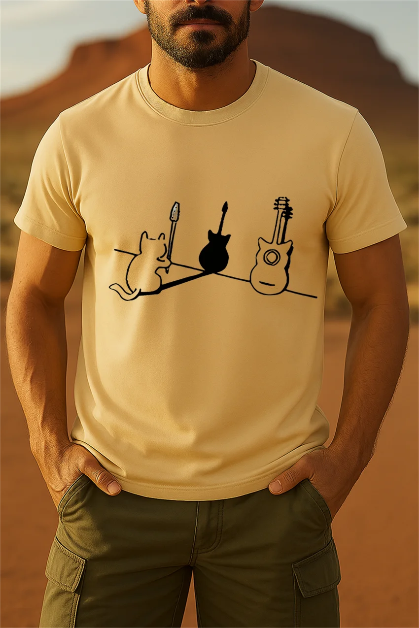 تي شيرت صيفي كاجوال ومريح برقبة دائرية وطباعة قطة جيتار، قميص رجالي عصري بلون سادة بأكمام قصيرة #3