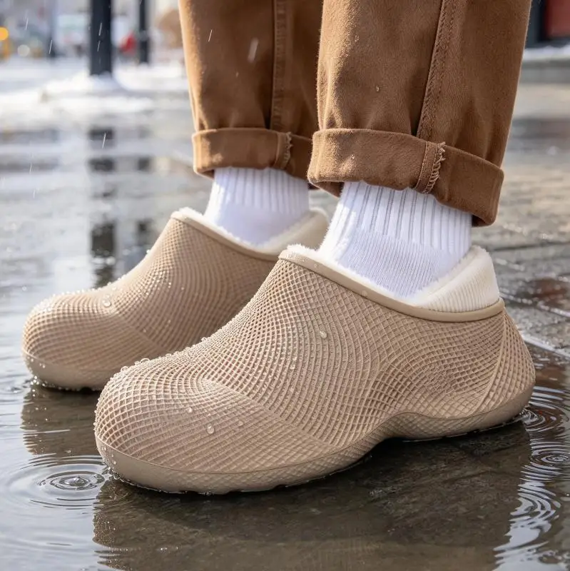 Winter 2026 Waterproof Men's EVA Slippers Thick Bottom Anti Slip Man Home Slippers Fleeced Lined Plus Size 45 Warm Outdoor Shoes