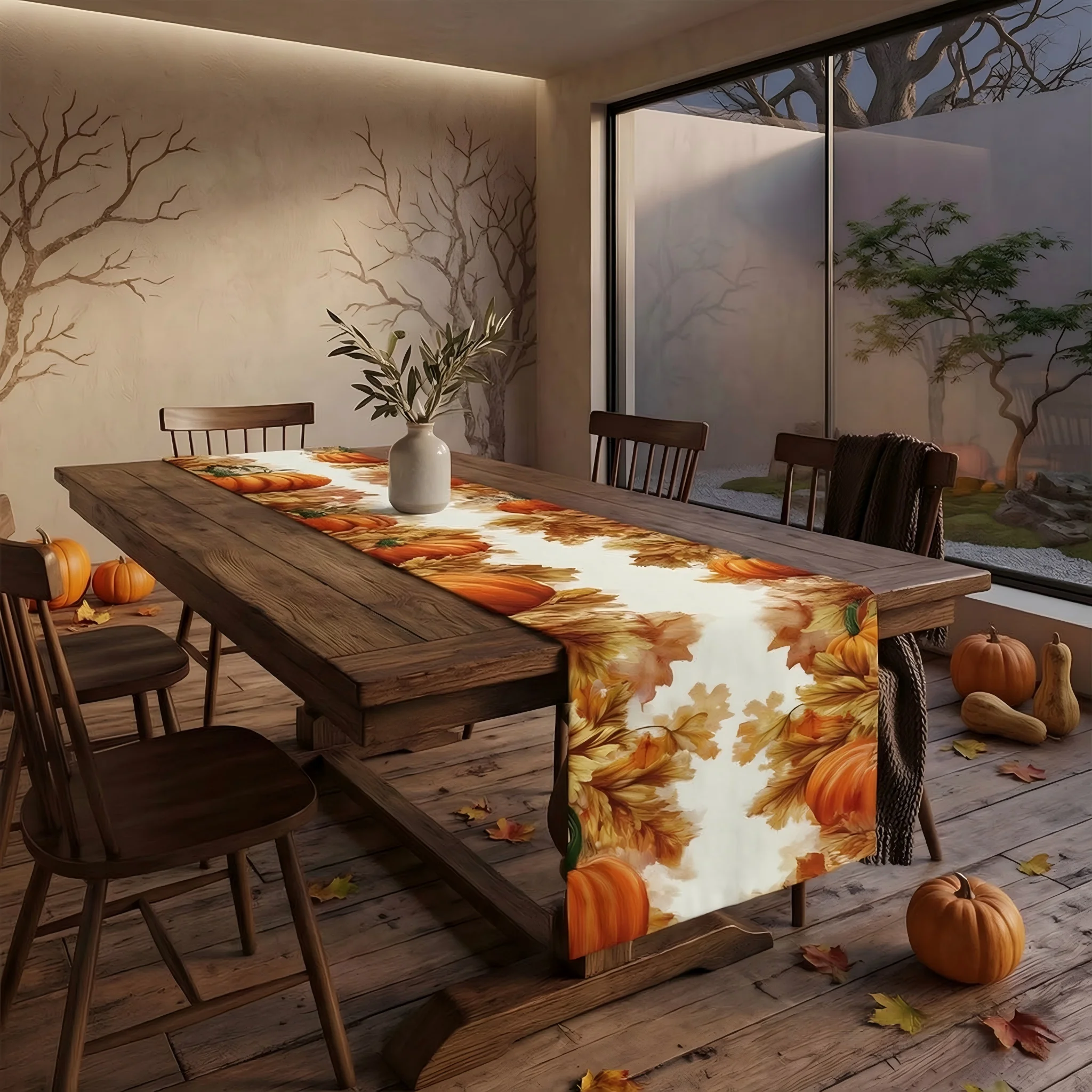 1pc Thanksgiving Table Runner, 2D Flat Printed Pumpkin Leaves, Vintage Halloween Style Table Decor for Home Party Dining Table