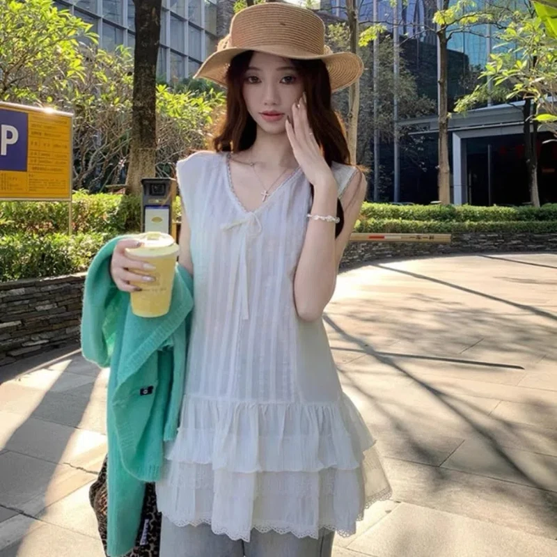 

Sleeveless Lace Patchwork Korean Vest Summer Solid Loose All-match Youth Fashion T Shirt Tops Sweet Elegant Trend Women Clothing