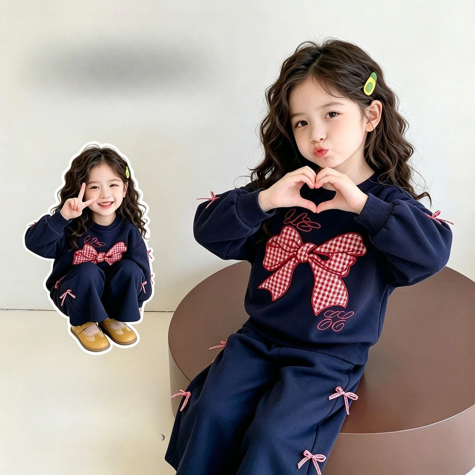 Sweet Bow Knot Set 2026 New Spring Autumn Kids Crew Neck Sweatshirt Loose Straight Leg Pants Two Piece Set Childrens Wear