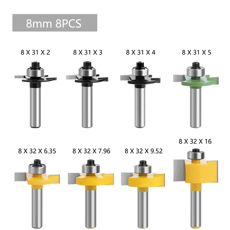 8mm Shank Ball Bearing T-Slot Router Bit, Grooving Cutter, 8-Piece Woodworking Milling Cutter Set