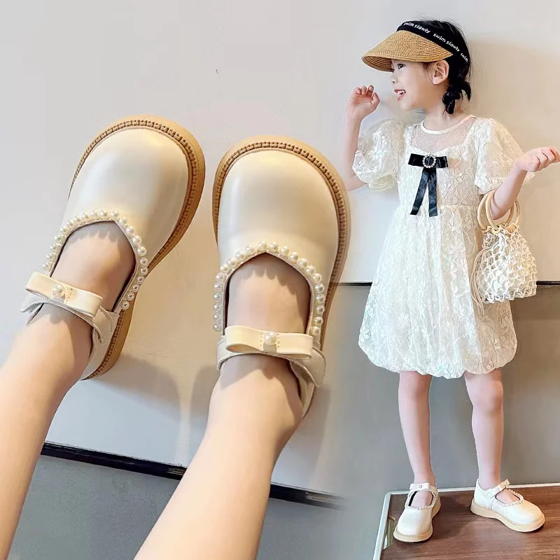 Congme Fashion Girls Leather Shoes Toddler Kids Pearl Flat Shoes Korean White Black Bow Princess Shoes Doll Shoes Derss Shoes