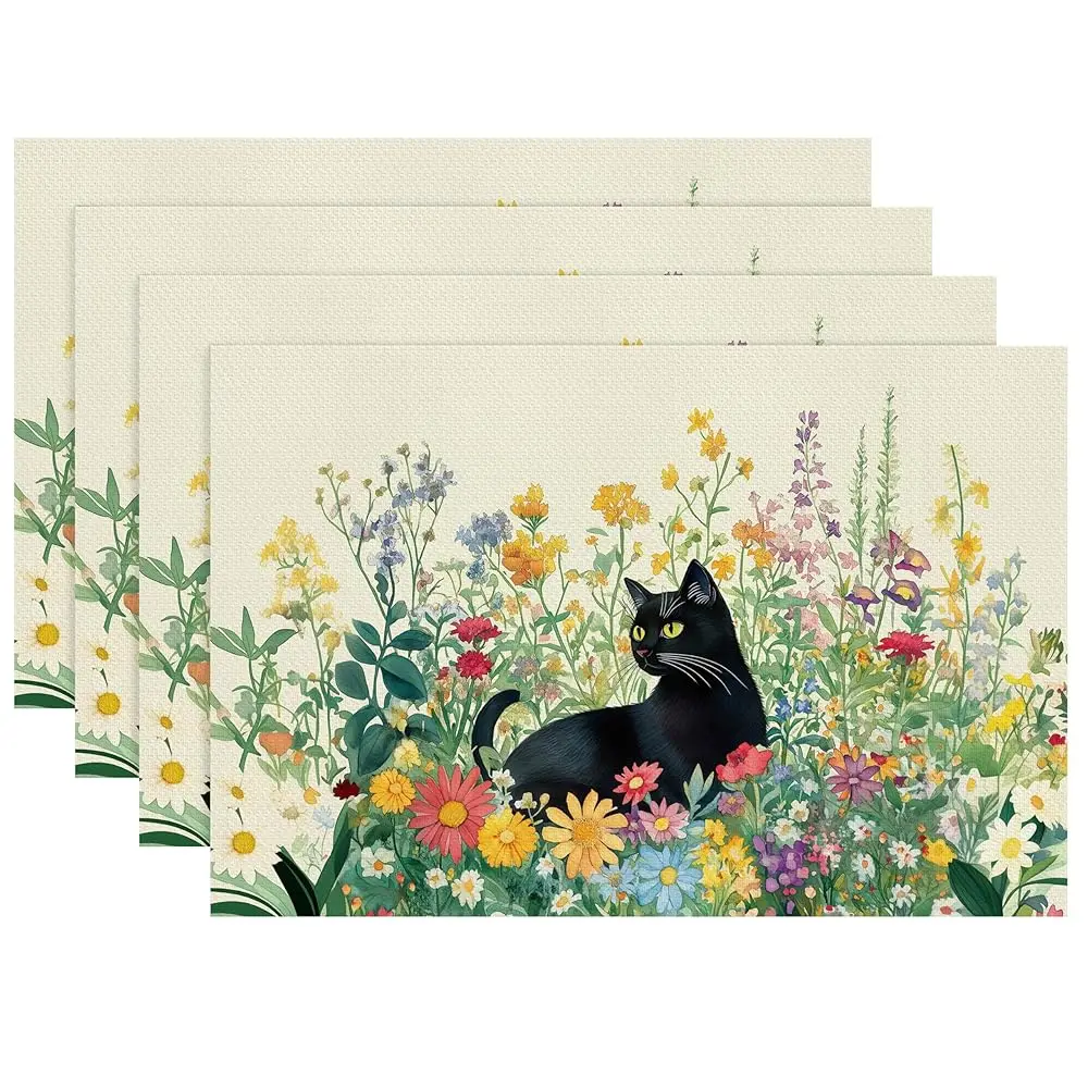 

Набор из 4-х виниловых плейсматов для обеденного стола, водонепроницаемые, моющиеся, с рисунком черной кошки, для 4 персон.