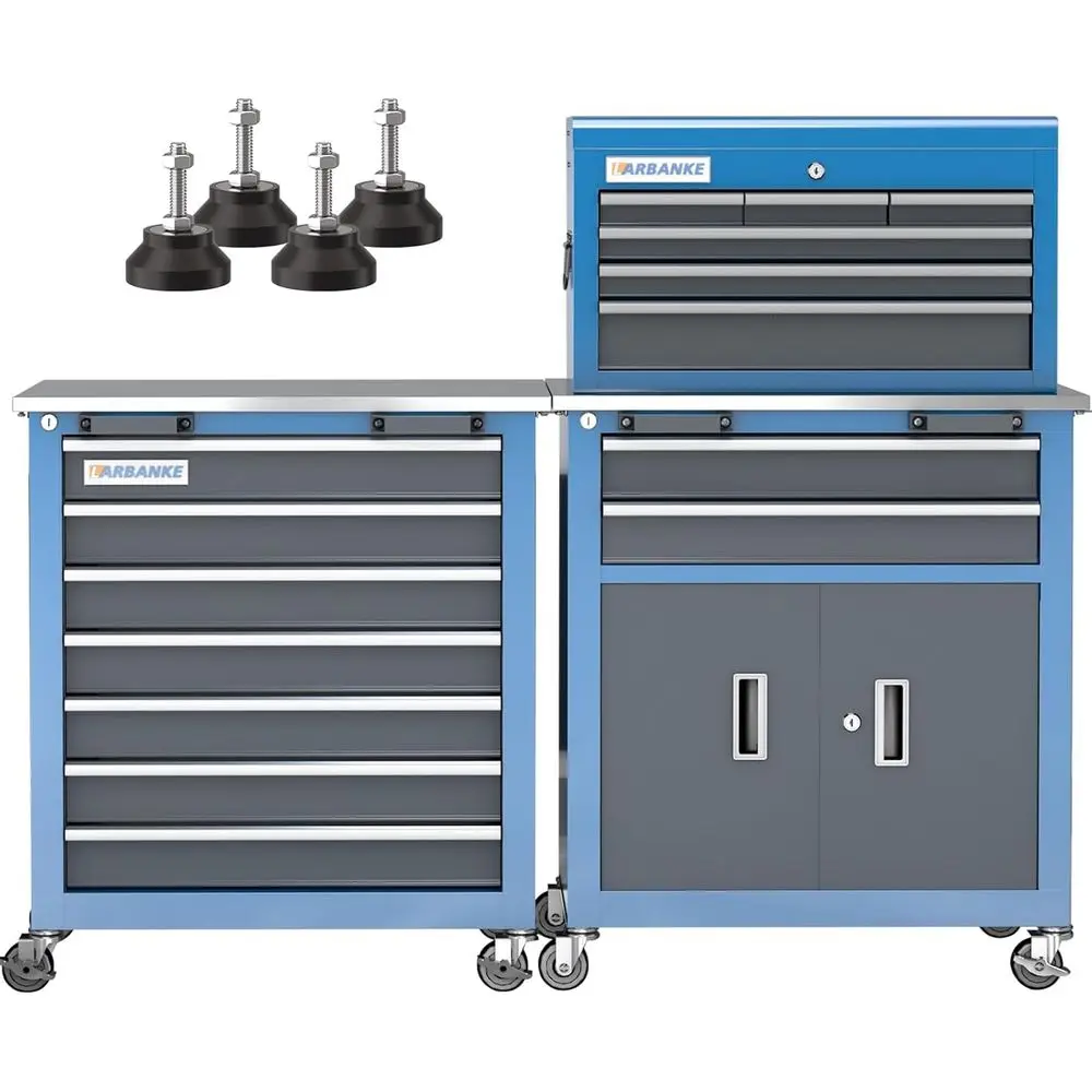 7-Drawer Metal Tool Chest with Stainless Steel Top, 8-Drawer Box, Locking System, Swivel Wheels, and Boot Pad