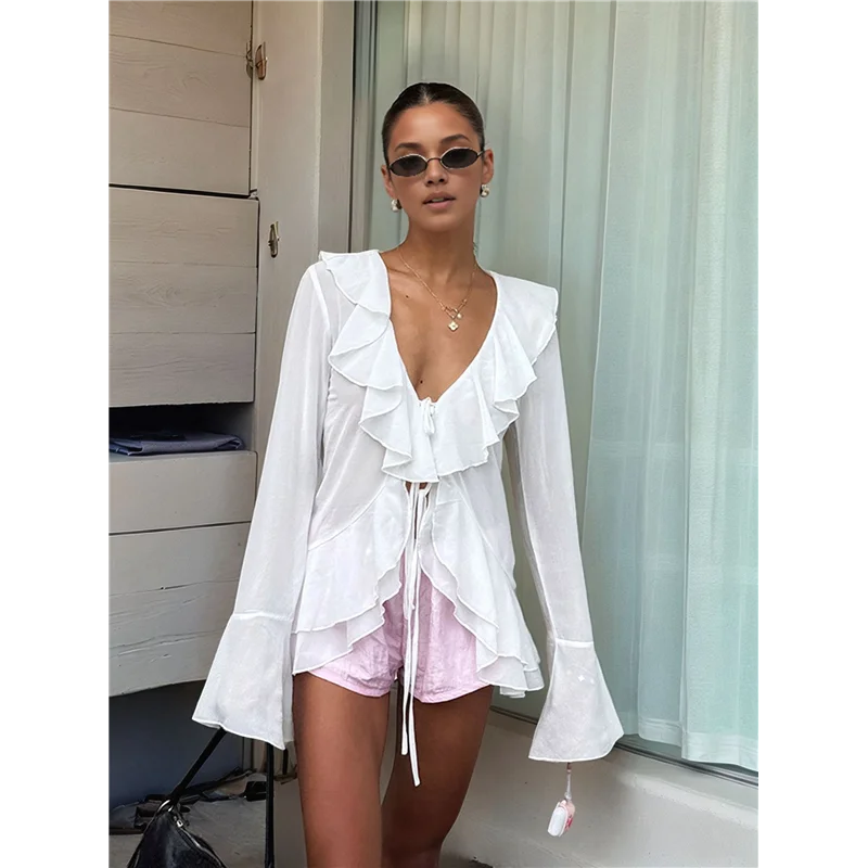 Tops con lazo frontal para mujer, blusa de manga larga con volantes y campana de malla transparente, Top corto