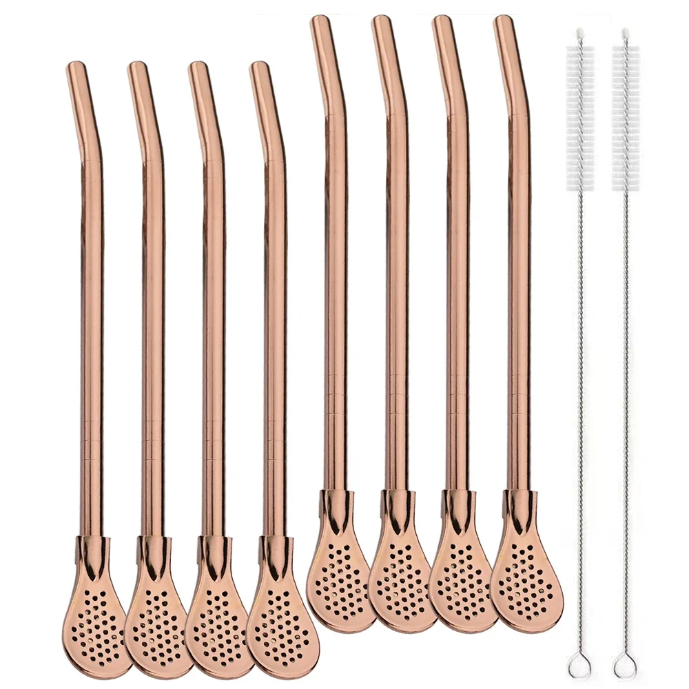 8Pcs Rose Gold Stainless Steel Drinking Straws Spoon Washable Reusable Mate Tea Spoon Filter Straw for Cocktail Bar Accessorie