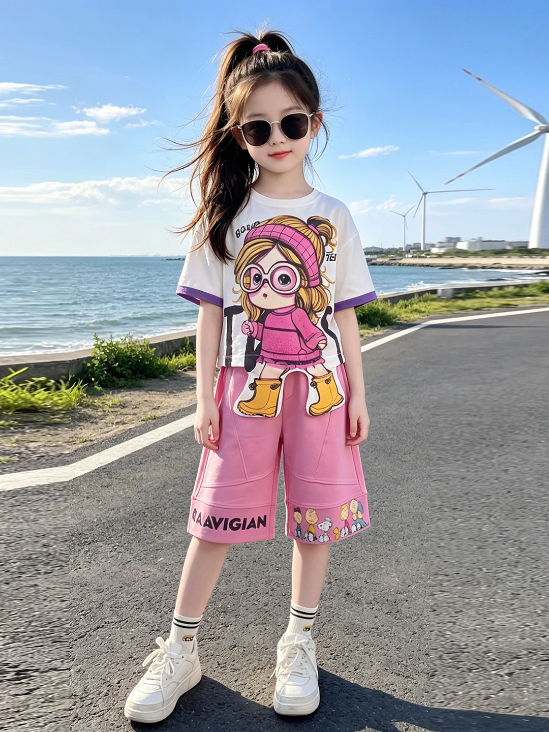 girls-summer-outfit-short-sleeve-t-shirt-shorts-set-cartoon-print-lightweight-breathable-moisture-wicking-machine-washable
