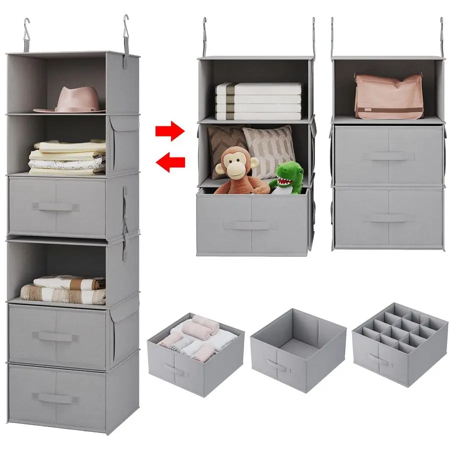 

6Tier Hanging Shelves for Closet, Two 3Shelf Hanging Closet Organizer w 4 Side Pockets and 3 Drawers, Combinable for Dorm Wardr