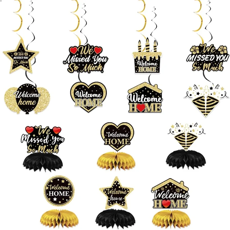 ترحيب المنزل راية الزينة30PCS الأسود والذهبي زينة الحفلات راية خلفية بالون معلق دوامة العسل المركزية