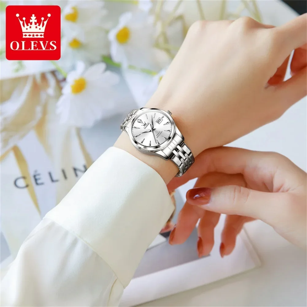 OLEVS arloji Quartz mewah untuk wanita, jam tangan baja tahan karat tahan air bercahaya modis untuk wanita