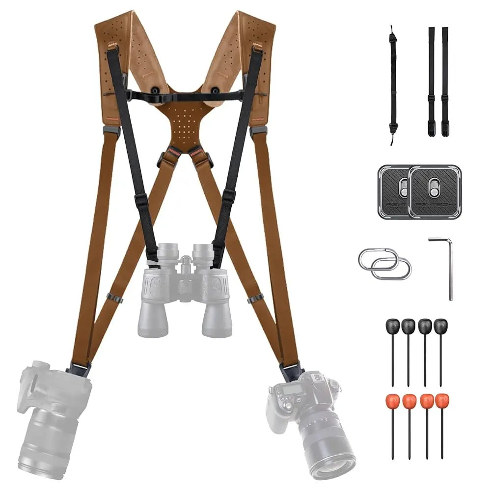 PGYTECH Camera Strap Master, lederen dubbele schouderharnas voor 3-camera's, verstelbaar camerarnas voor professionele fotografie
