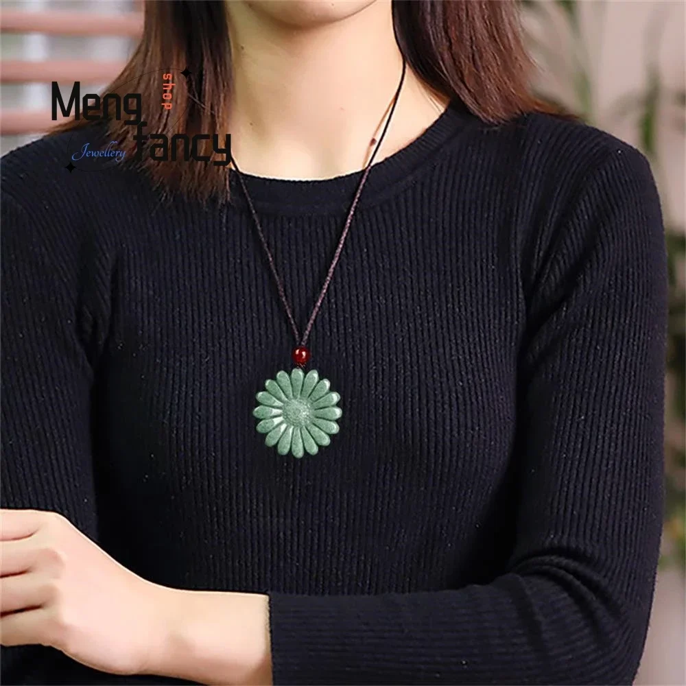 Natural A-goods Jadeite Bean Green Sunflower Jade Pendant Personalized Best Selling Handicraft Fashion Fine Jewelry Holiday Gift