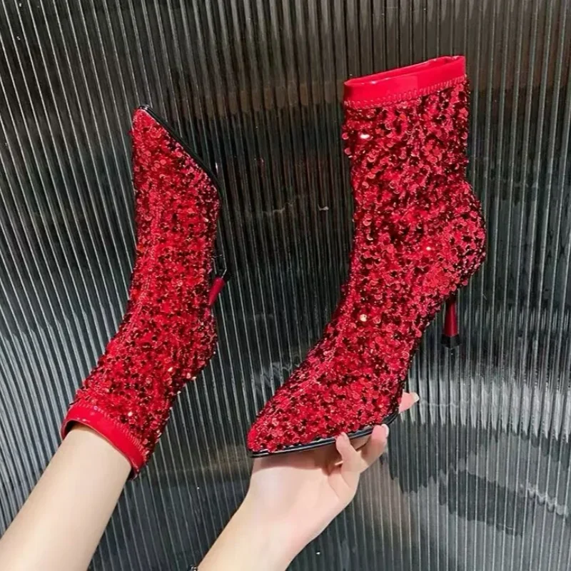 Luxury Glitter Ankle Boots Women High Heel Bling Sexy Pointed Toe Shoes Woman 2024 Trend Elegant Party Dress Chelsea Botas Mujer