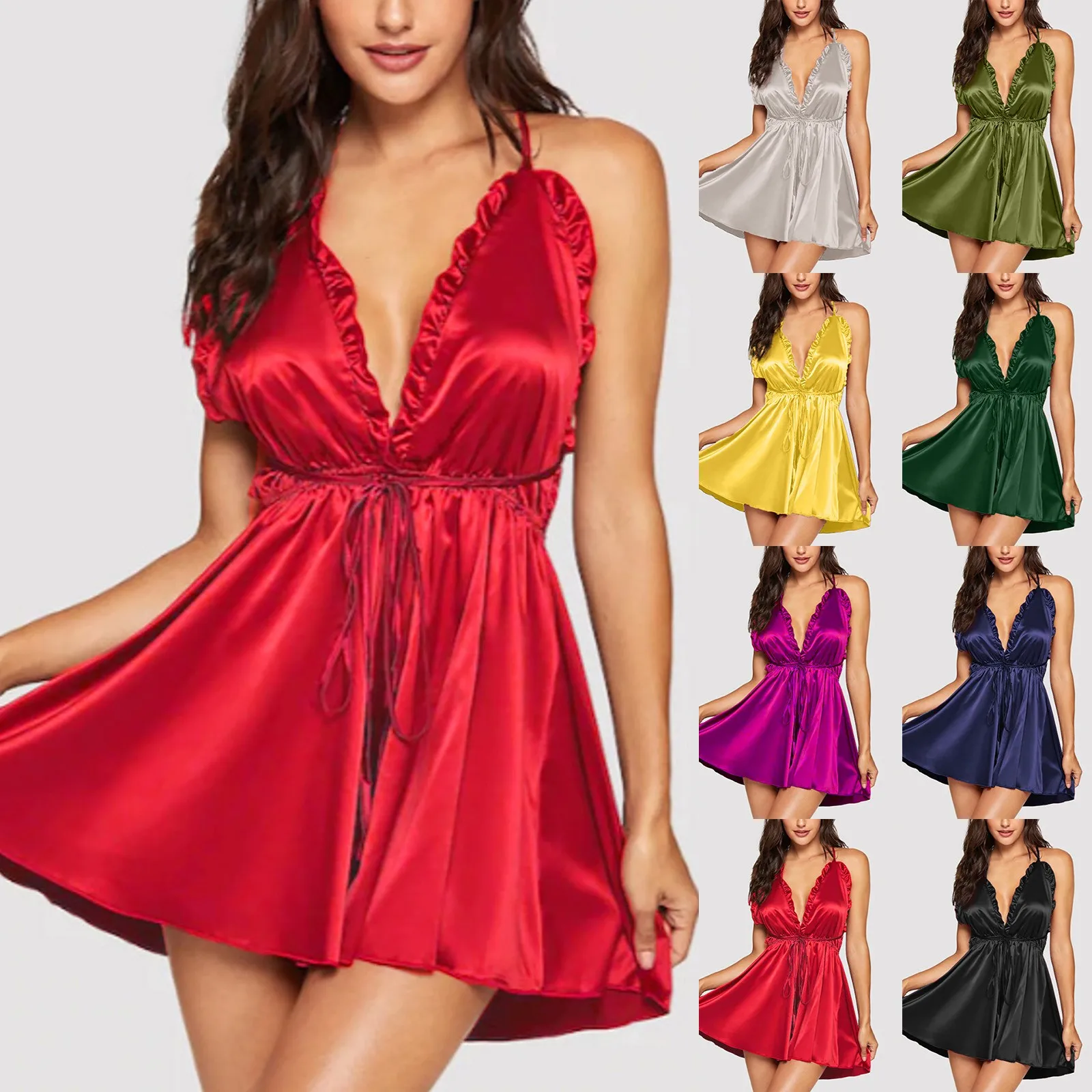 Women's Sling Style Solid Color V-Neck Nightgown Costume 2024 Summer Fashionable Sleepwear Short Nightdress Costume For Women