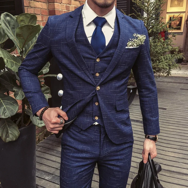 Boutique (Blazer + Vest + Trousers) Men\'s British Style Business Elegant Fashion Casual Party Gentleman Dress Three-piece Suit