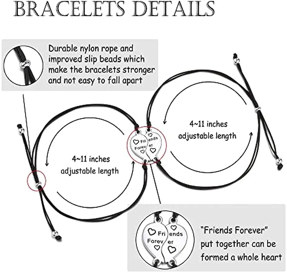 Best Friend Sister Friendship Bracelets for 2/3 Heart Matching Bracelets Gifts for Women Girls  Adjustable Handmade BFF Gifts