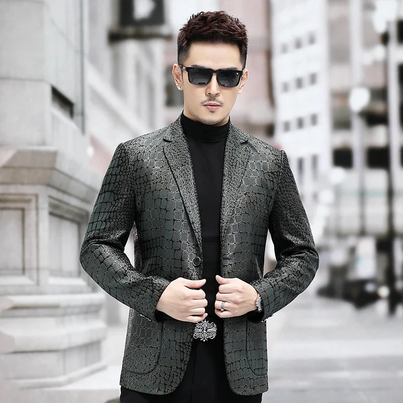 Spring and autumn high-end crocodile leather dark green jacket suit color matching business casual