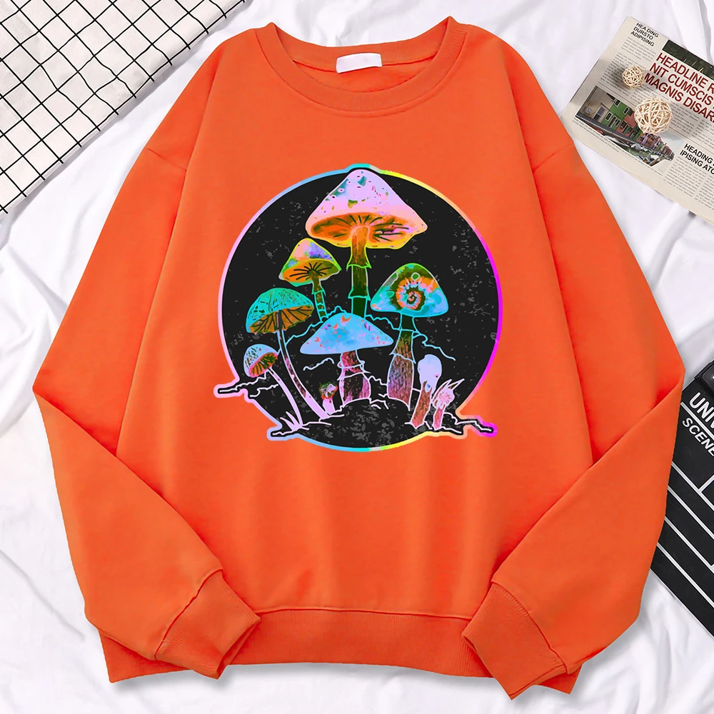 Casualwomen\'S Pullover Garden Of Shrooms Colorful Neon Style Mushroom Print Hoody Loose Crewneck Sweatshirts Warm Fleece Tops