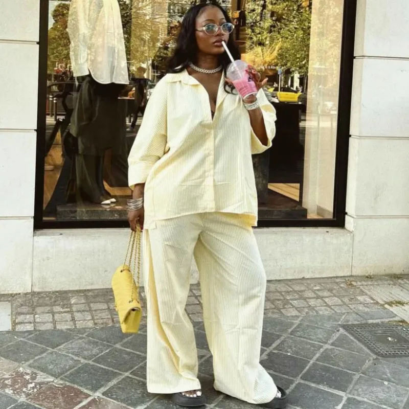 2026 African Plus Size Striped 2 Piece Set Collared Button Down Shirt + Elastic Waist Wide Leg Pants Casual Outfits Loungewear