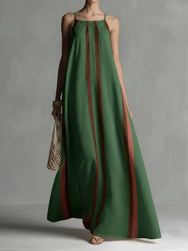 

UOOZEE 2026 New Women Summer Vacation Spaghetti-Neck Maxi Dresses Loose Contrast Color Sleeveless Pleated Party A-Line Dress