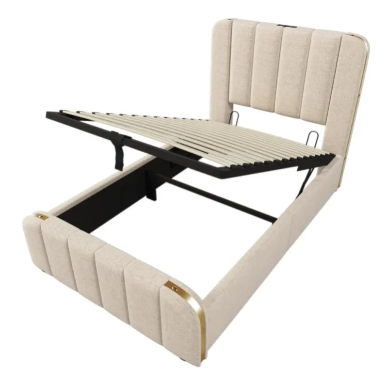 Stauraumbett Einzelbett mit USB, Typ-C und gepolstertem Kopfteil, 90×200 cm, Leinen Beige
