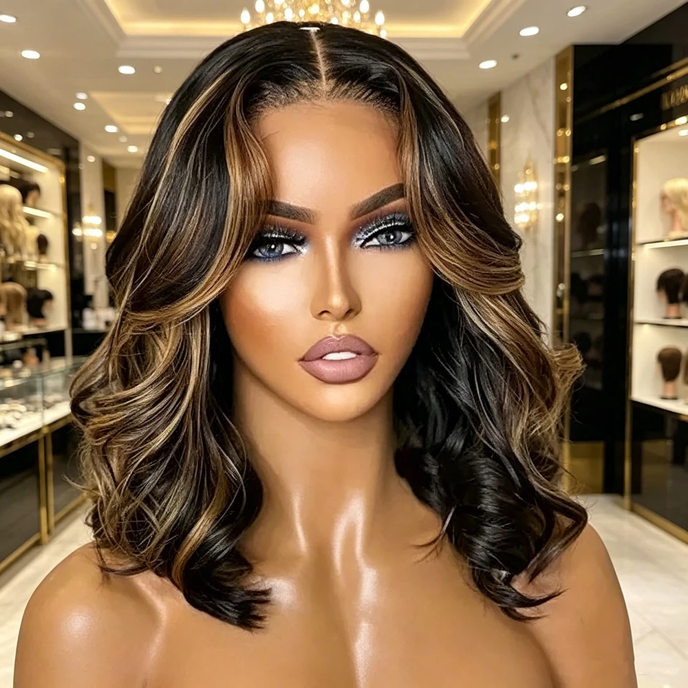 

13x4 Lace Front Highlight Body Wave Bob Wig Brown Balayage Pre Plucked Baby Hair High Temperature Fiber Synthetic Wig For Black